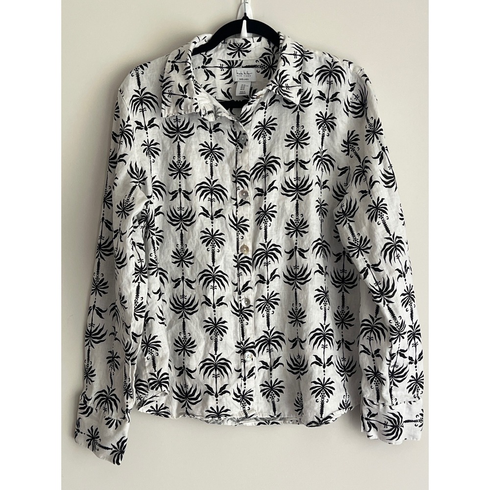 Nicole Miller New York 100% Linen Palm Tree Print Button Down Shirt White XL